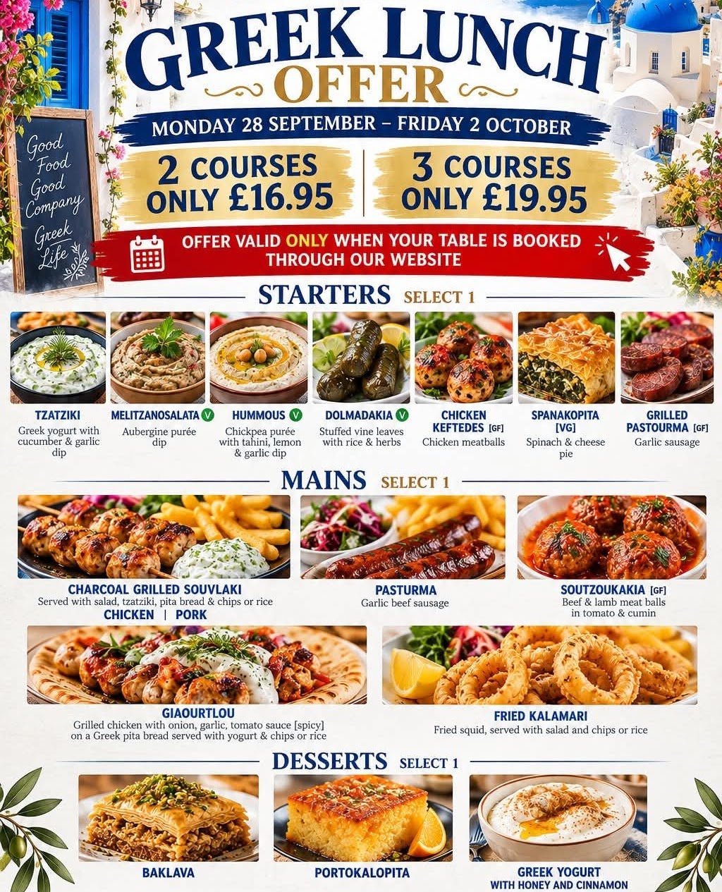 Zorba The Greek lunch offer menu — starters, mains and desserts from the restaurant's lunch selection