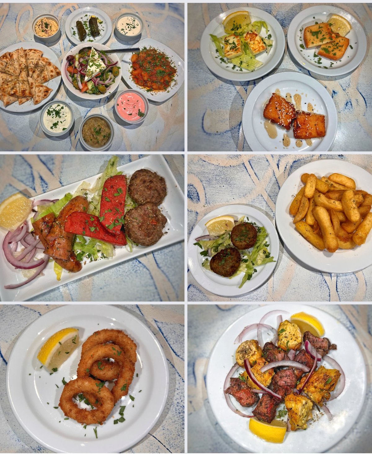 A selection of the dishes served across Zorba's five rounds of meze, including grilled meats, fried calamari, salads and appetizers