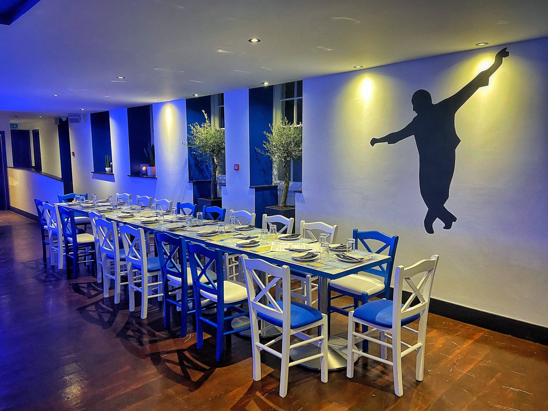 The dining room at Zorba The Greek in Derby — a long table laid with place settings, blue and white chairs, olive trees and warm lighting