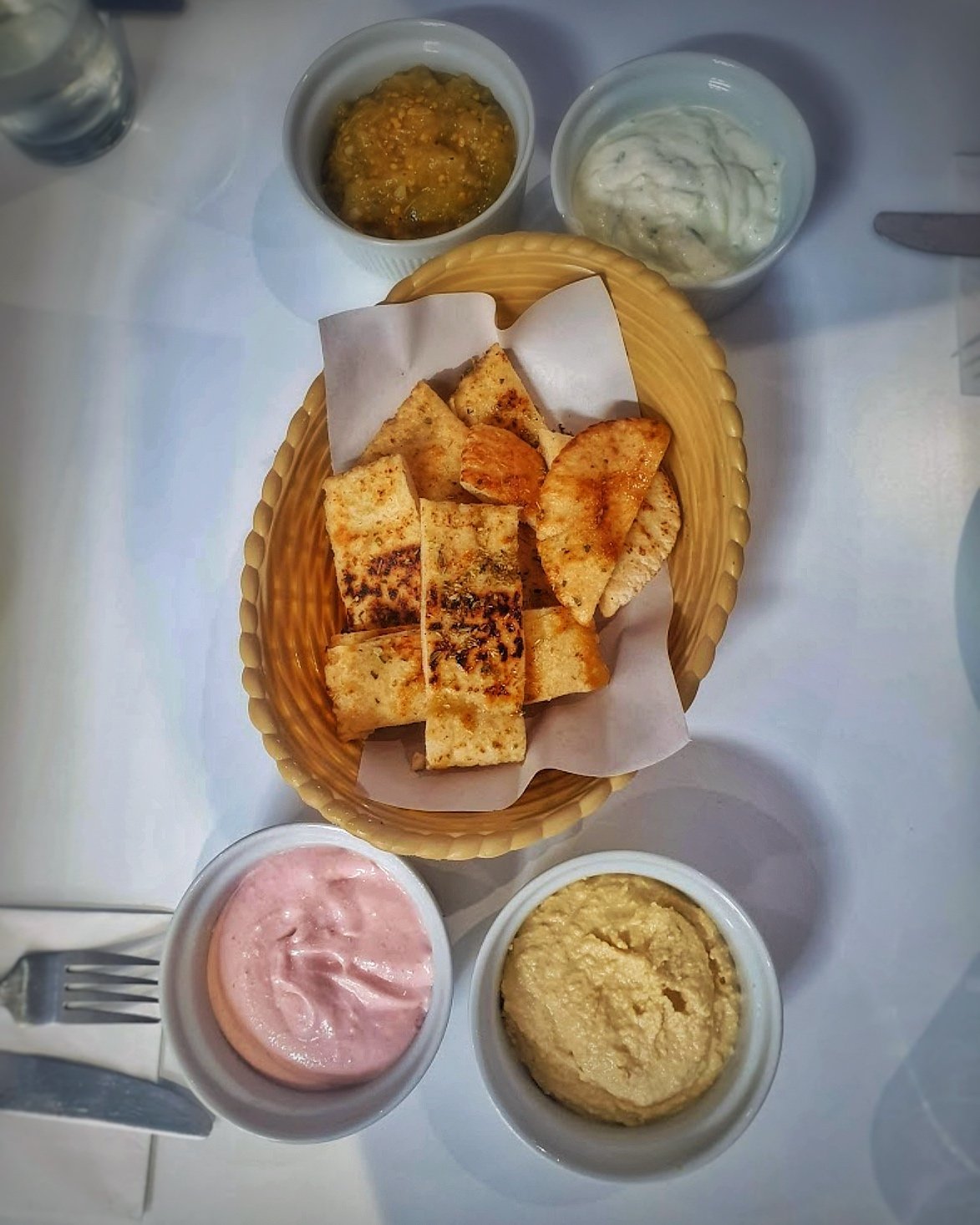 Greek dips and pitta bread for sharing