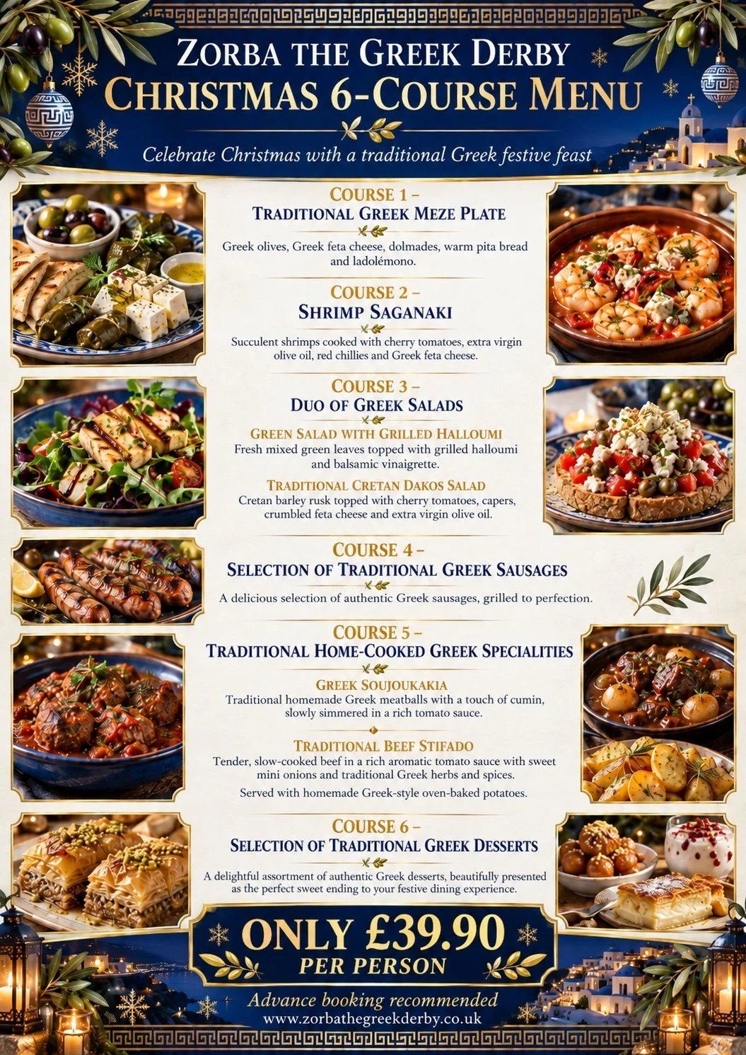 Zorba the Greek Derby Christmas 6-course menu poster — traditional Greek meze, shrimp saganaki, duo of Greek salads, Greek sausages, home-cooked specialities and desserts, £39.90 per person