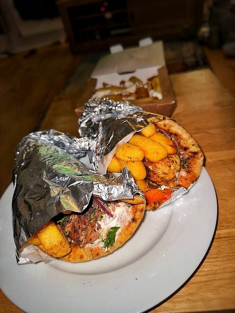 Greek gyros and pita wrap packed for collection