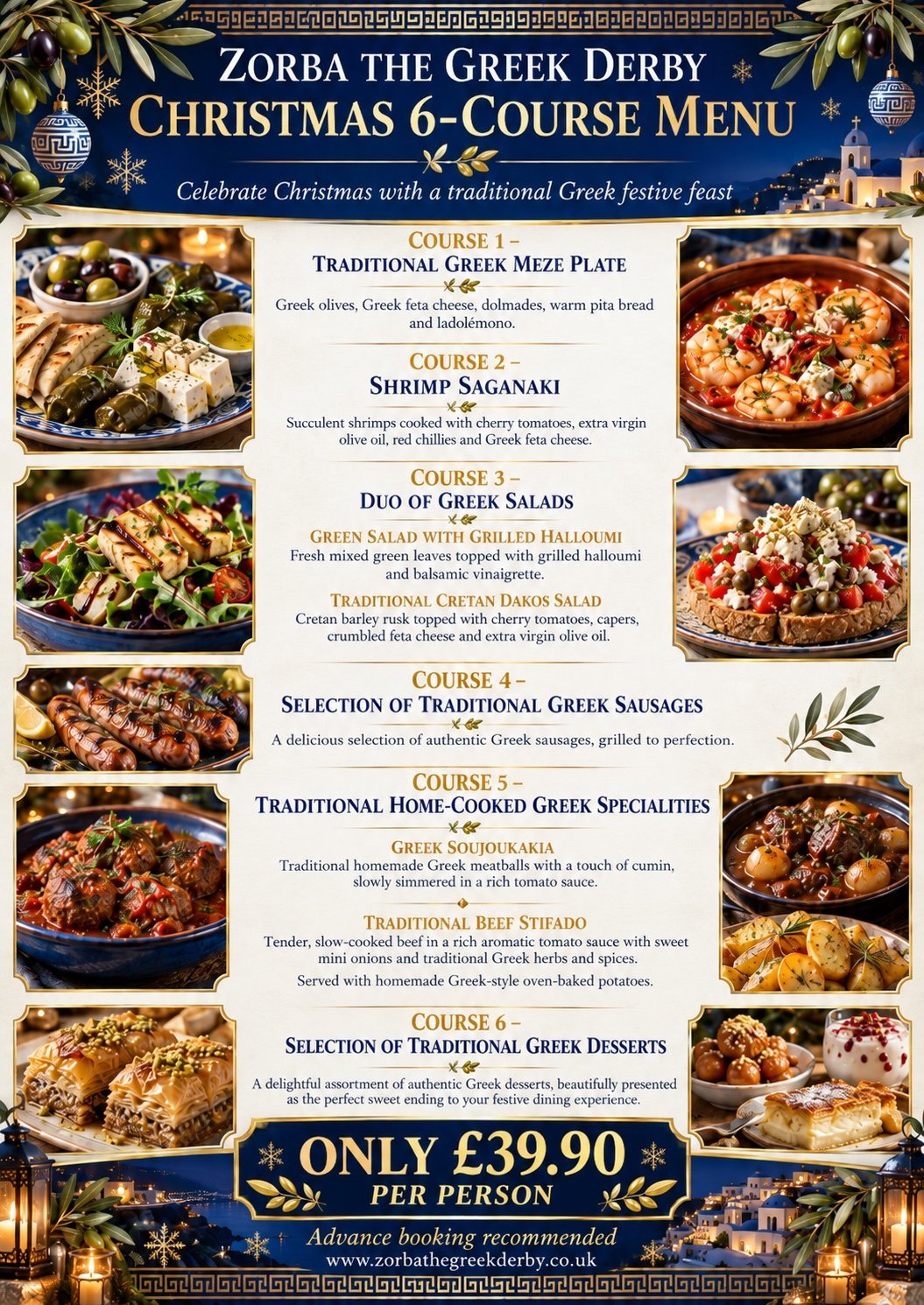 Zorba the Greek Derby Christmas 6-course menu — traditional Greek dishes, £39.90 per person