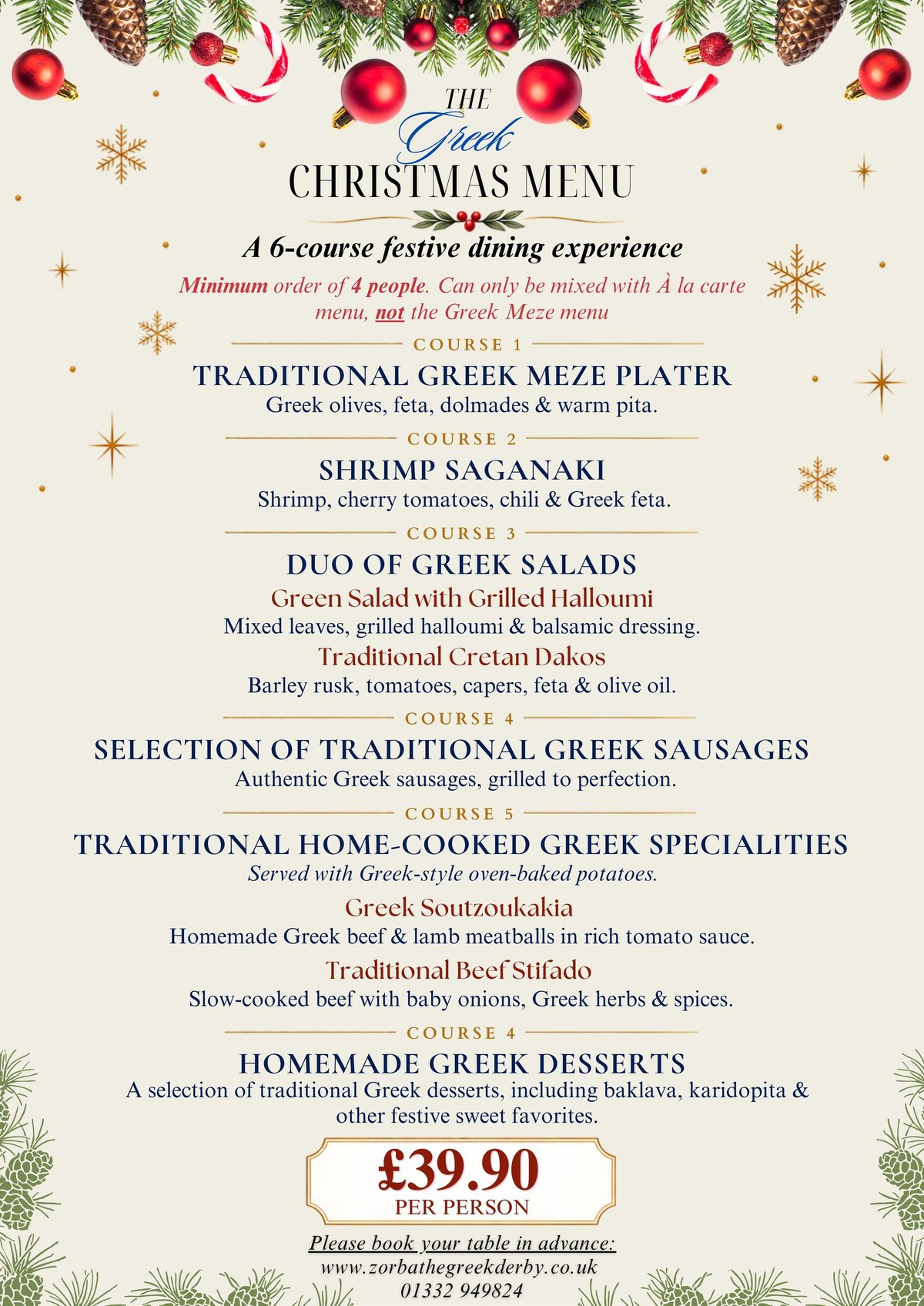 Zorba the Greek Derby Christmas menu poster — the Greek Christmas 6-course festive feast at £39.90 per person